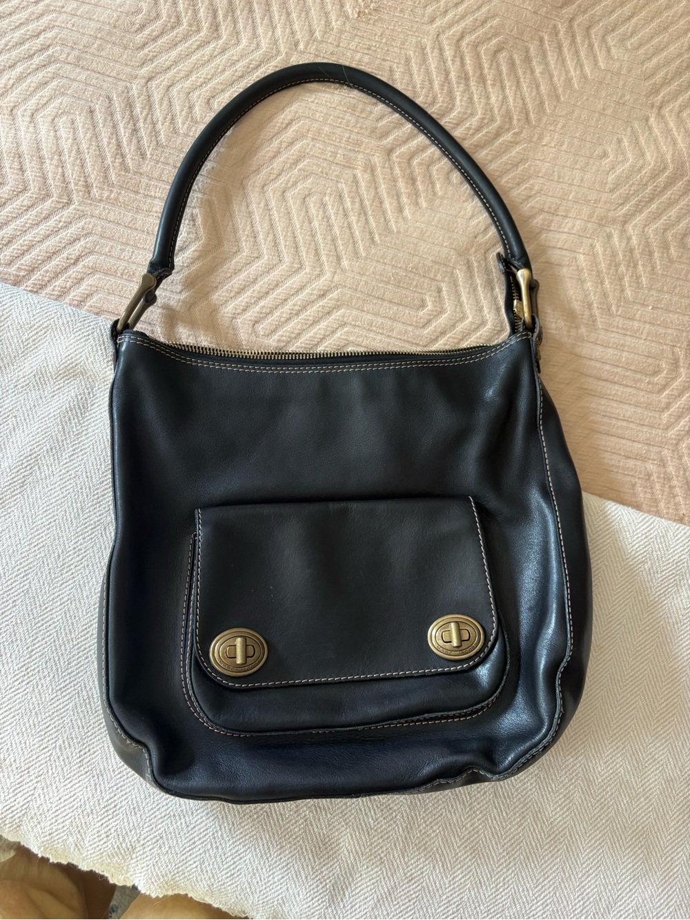 Marc Jacobs Vintage Classic Black Leather Shoulder Bag with Front Flap Pocket